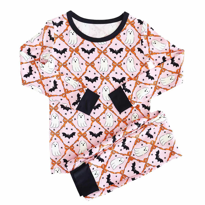 GLP2639 Baby Girls Long Sleeves Bows Bats Ghosts Plaid Top Pant Pajamas Set D 909