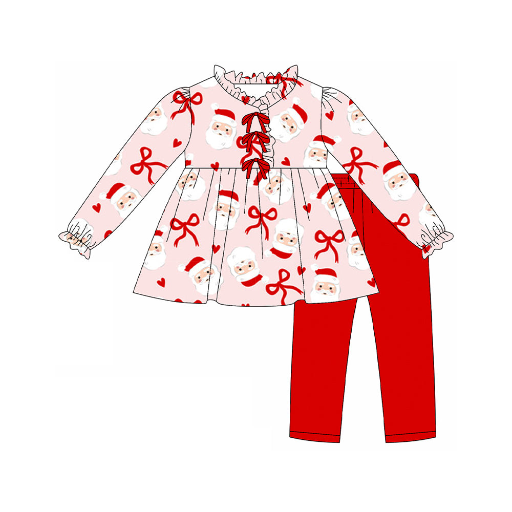GLP2642 Baby Girls Long Ruffle Sleeves Bows Santa Plaid Tunic Legging Pant Set D 929