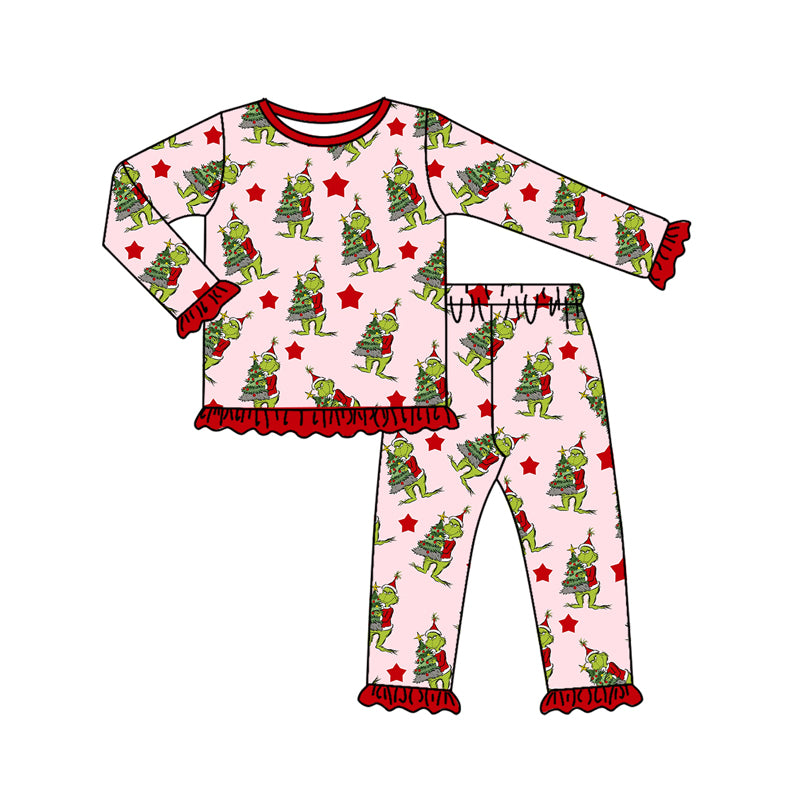 GLP2646 Baby Girls Long Ruffle Sleeves Green Face Trees Plaid Top Pant Pajamas Set D 829
