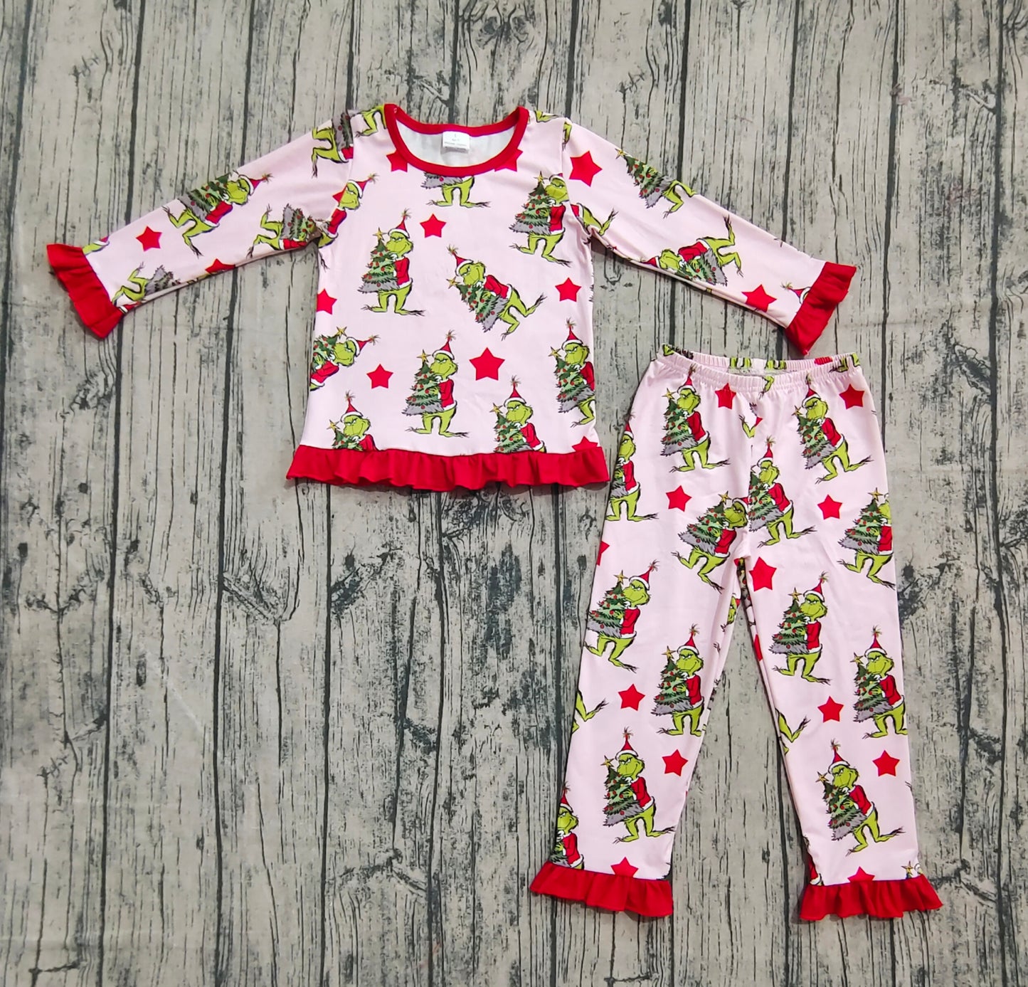 GLP2646 Baby Girls Long Ruffle Sleeves Green Face Trees Plaid Top Pant Pajamas Set D 829