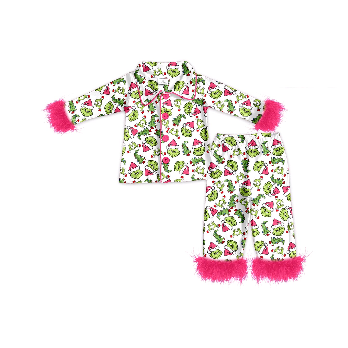 GLP2647 Baby Girls Long Sleeves With Fur Green Face Plaid Top Pant Pajamas Set D 829