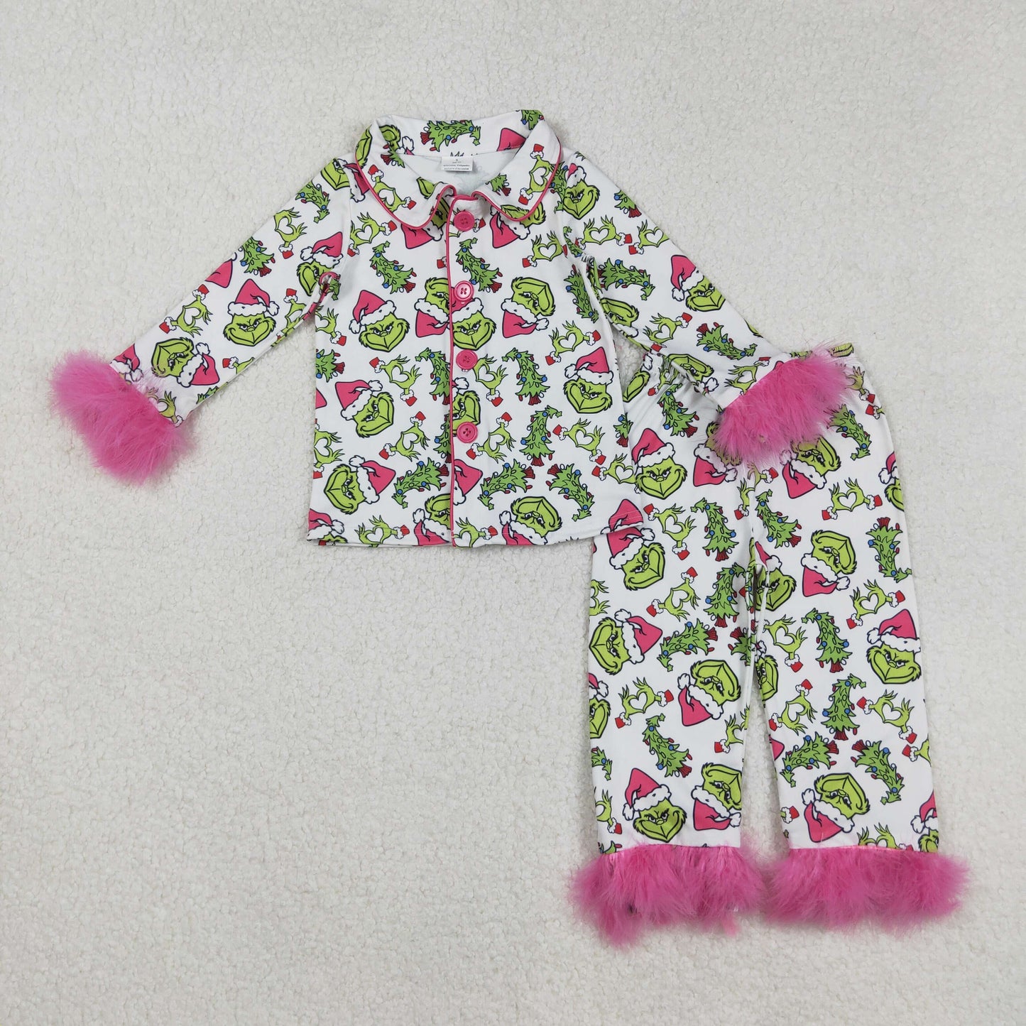 GLP2647 Baby Girls Long Sleeves With Fur Green Face Plaid Top Pant Pajamas Set D 829