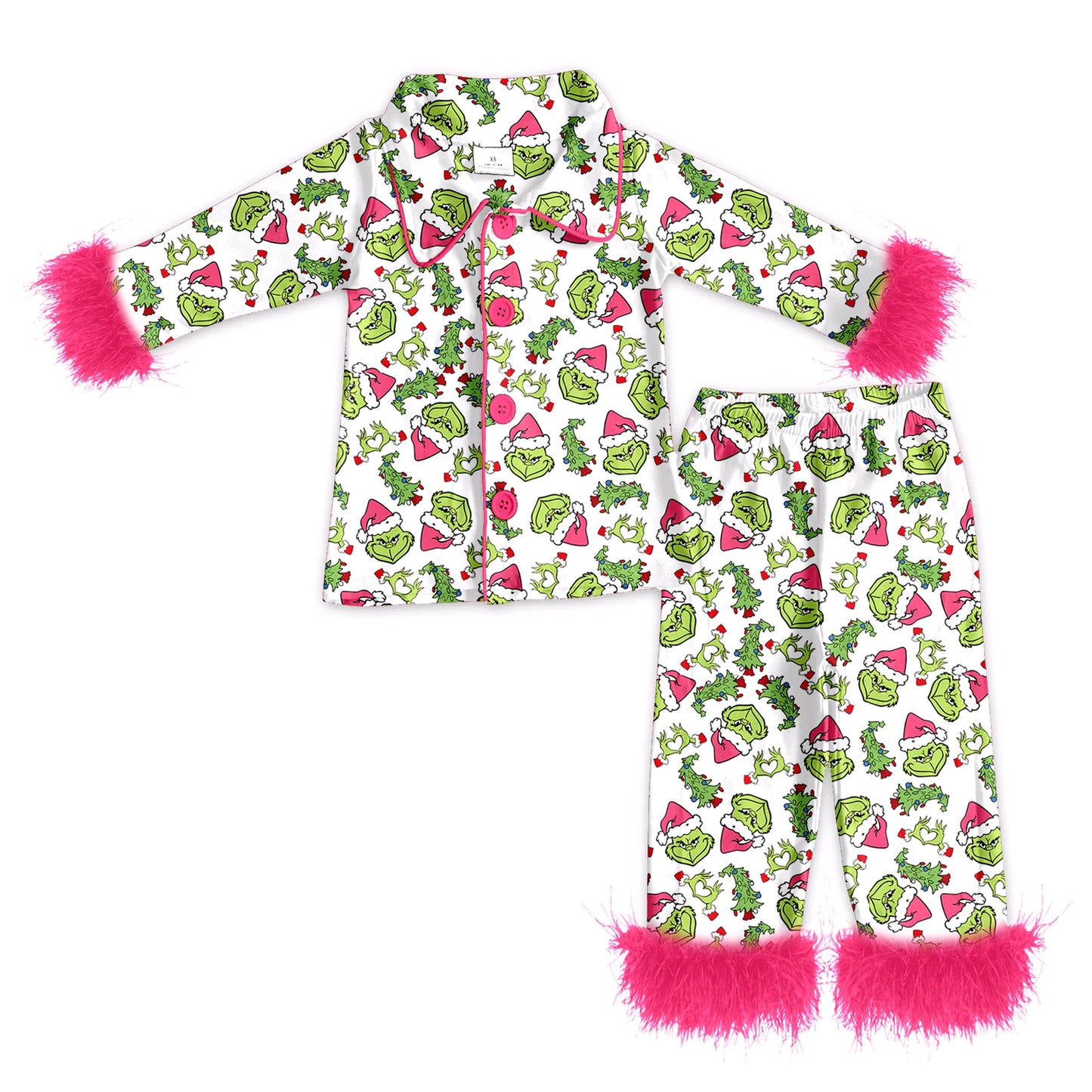GLP2648 Adult Women Long Sleeves With Fur Green Face Button Top Pants Pajamas Set D 908