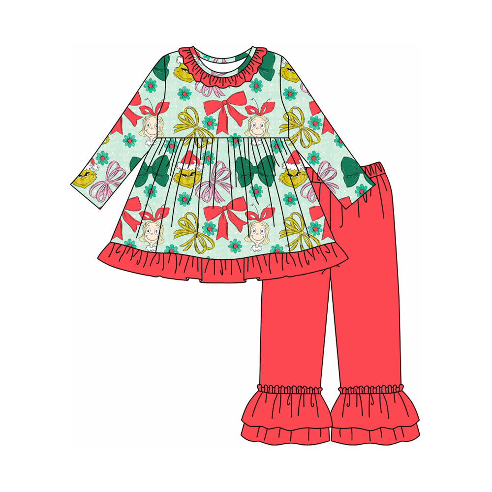 GLP2651 Baby Girls Bows Plaid Green Faces Tunic Ruffle Pant Christmas Set D 925