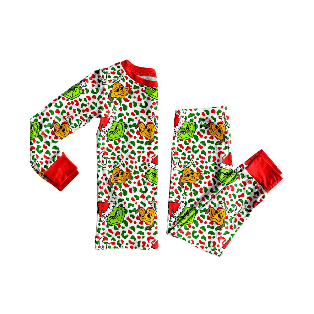 presale GLP2661 Baby Girls Green Faces Leopard Top Pant Christmas Pajamas Sets D 7.28