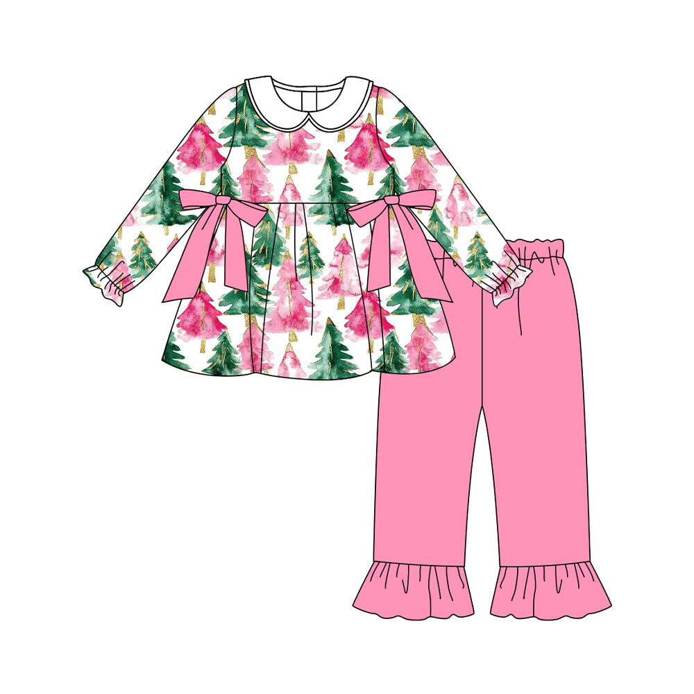 presale GLP2663 Baby Girls Christmas Trees Plaid Tunic Ruffle Pants Set D 7.28