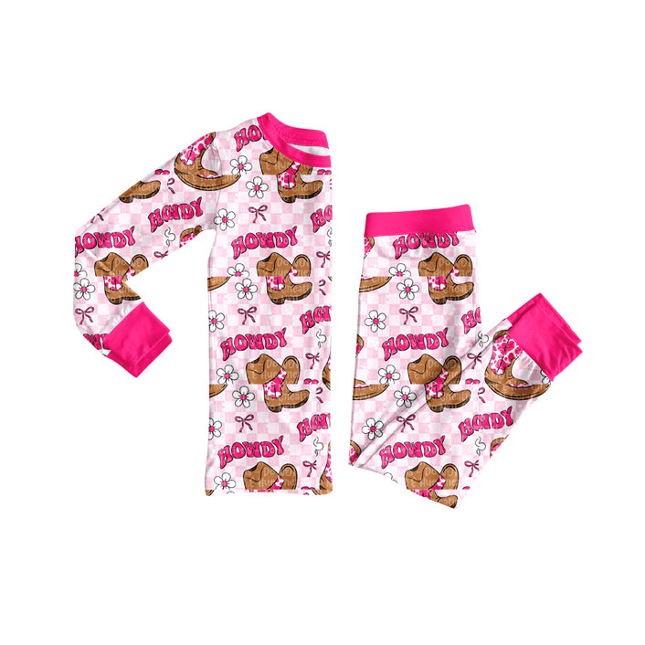 presale GLP2664 Baby Girls Howdy Boots Plaid Top Pants Western Pajamas Set D 1006