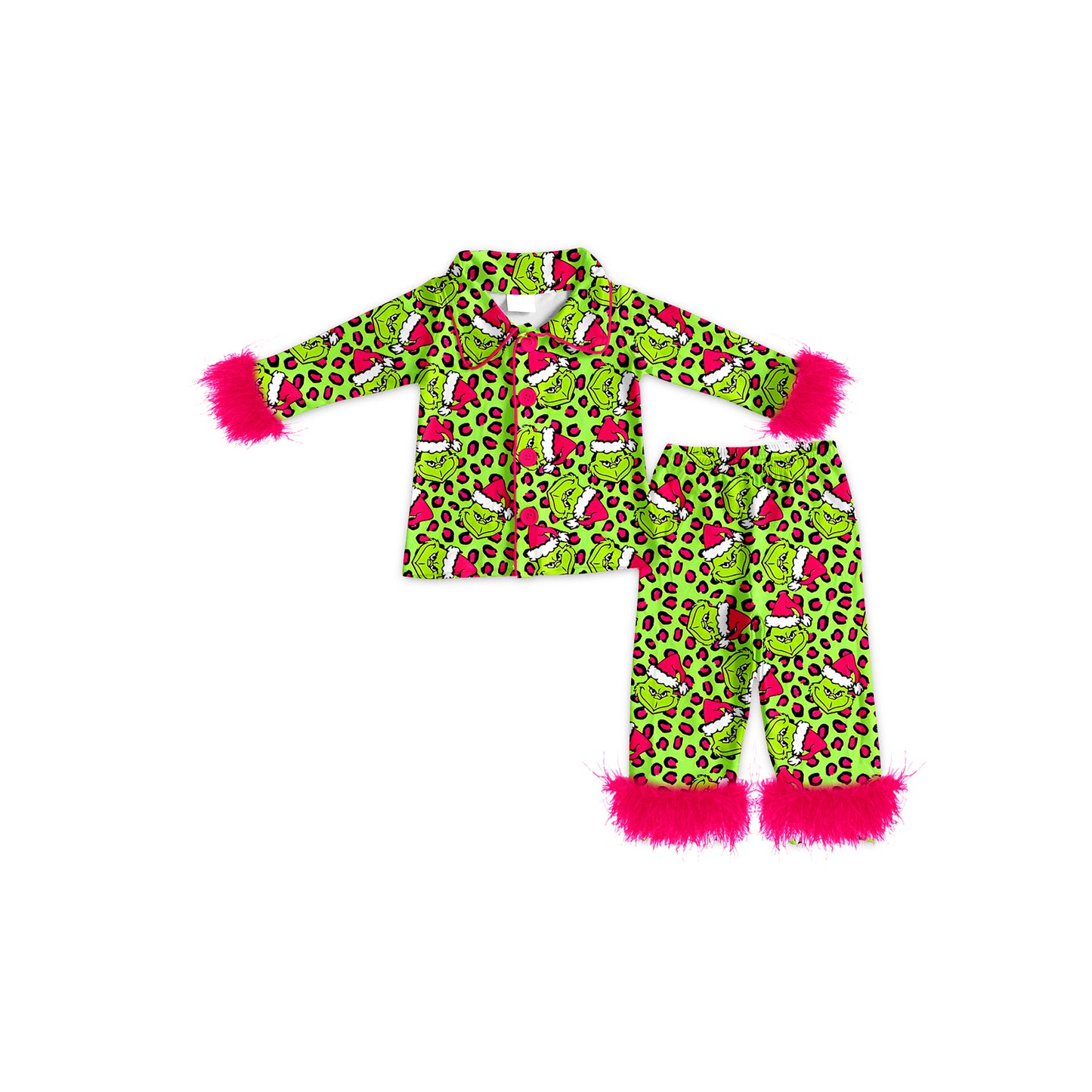 GLP2669 Baby Girls Christmas Green Face Leopard Button Top Pant Fur Pajamas Set D 908