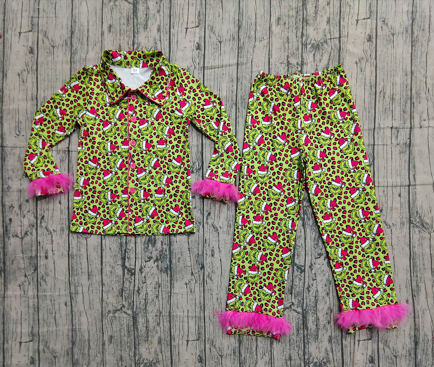 GLP2670 Adult Women Christmas Green Face Leopard Button Top Pants Fur Pajamas Set D 1024