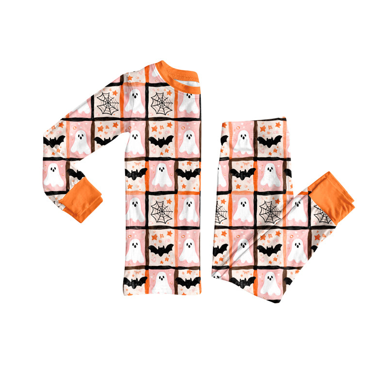 GLP2682 Children Ghosts Bats Plaid Top Pants Halloween Pajamas Set D 8.6