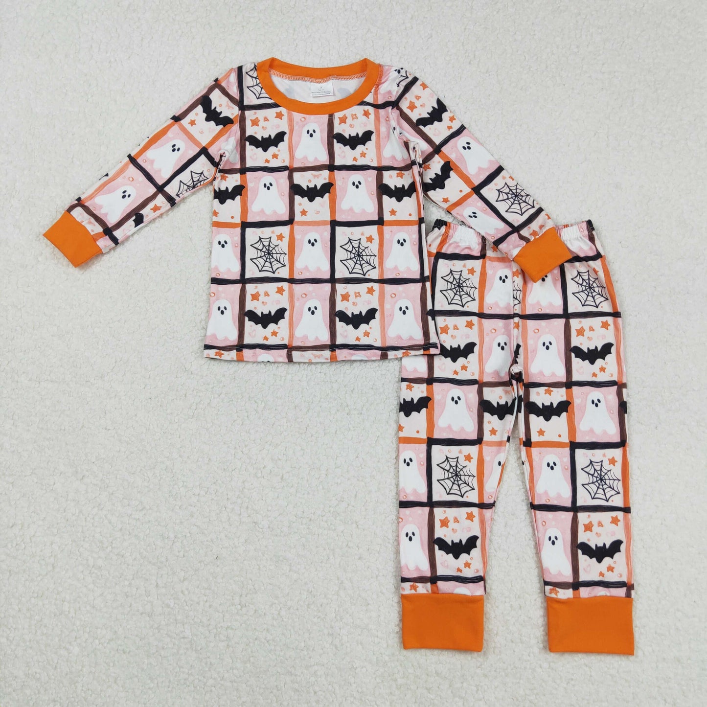 GLP2682 Children Ghosts Bats Plaid Top Pants Halloween Pajamas Set D 8.6