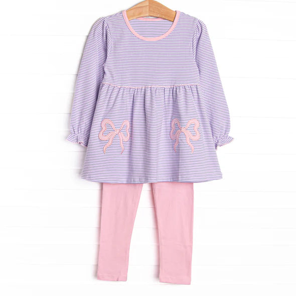 GLP2696 Baby Girls Lavender Stripe Bows Tunic Legging Pant Set D 905