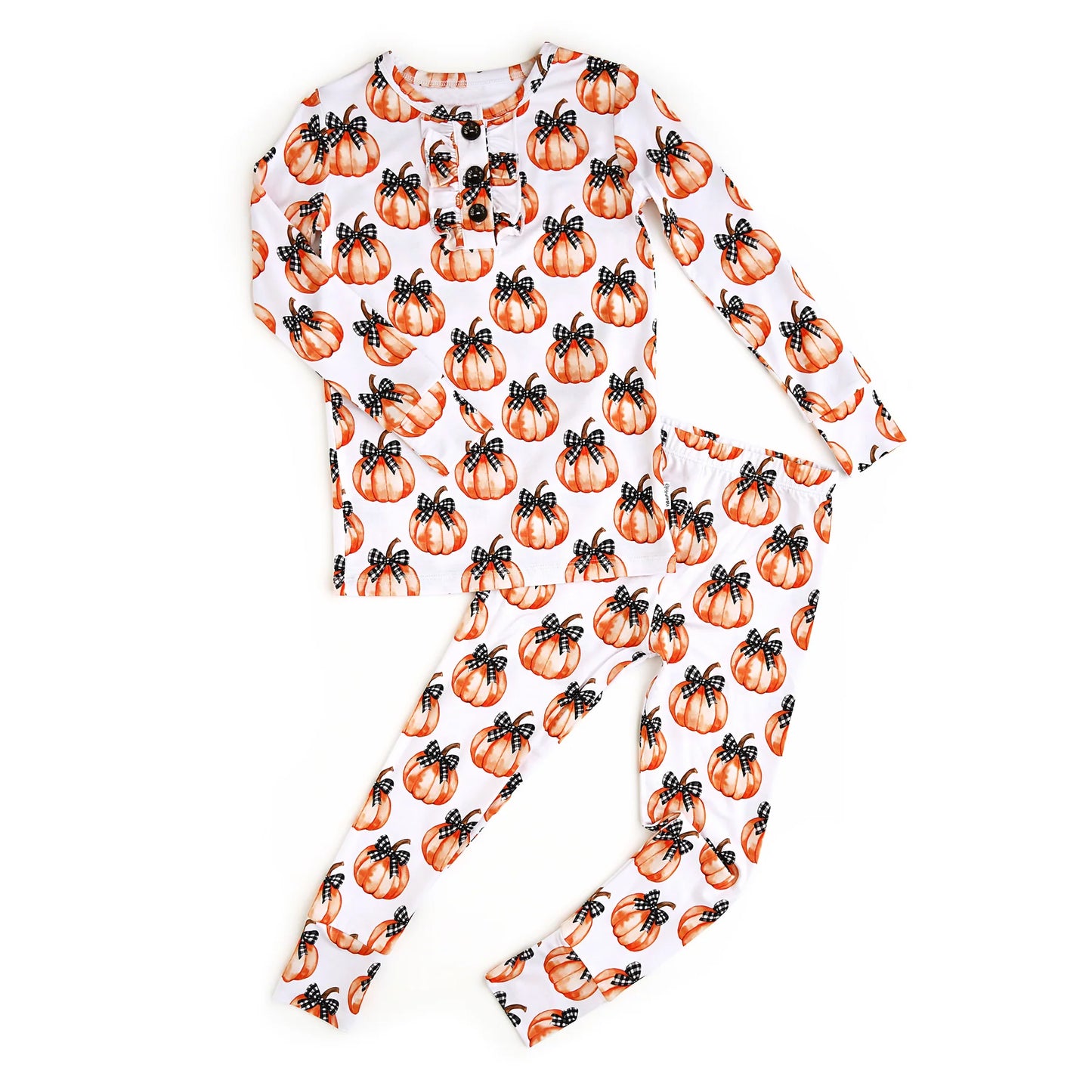 GLP2700 Baby Girls Bows Pumpkins Plaid Button Top Pant Fall Pajamas Set D 920