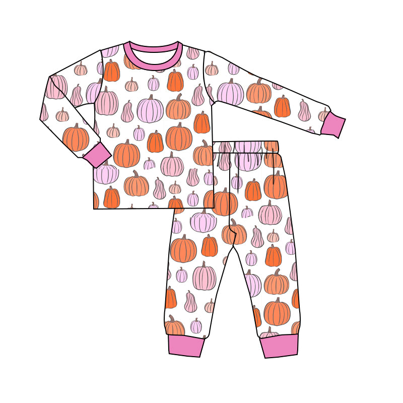 GLP2702 Baby Girls Colorful Pumpkins Plaid Top Pant Fall Pajamas Set D 922