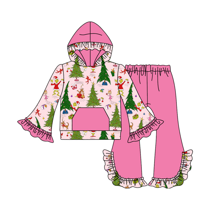 presale GLP2709 Baby Girls Green Faces Christmas Trees Pocket Hoodie Ruffle Flame Pant Set D 815