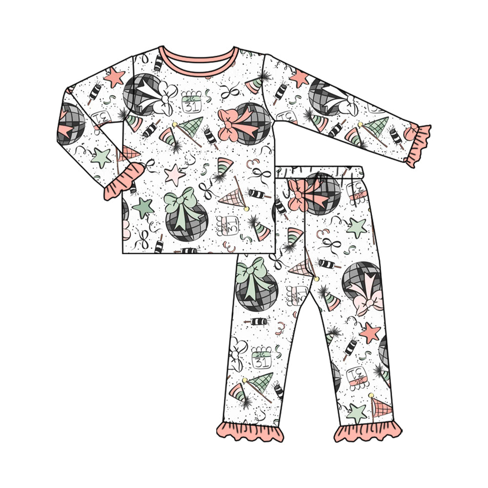 presale GLP2711 Baby Girls Happy New Year Top Ruffle Pant Pajamas Set D 815