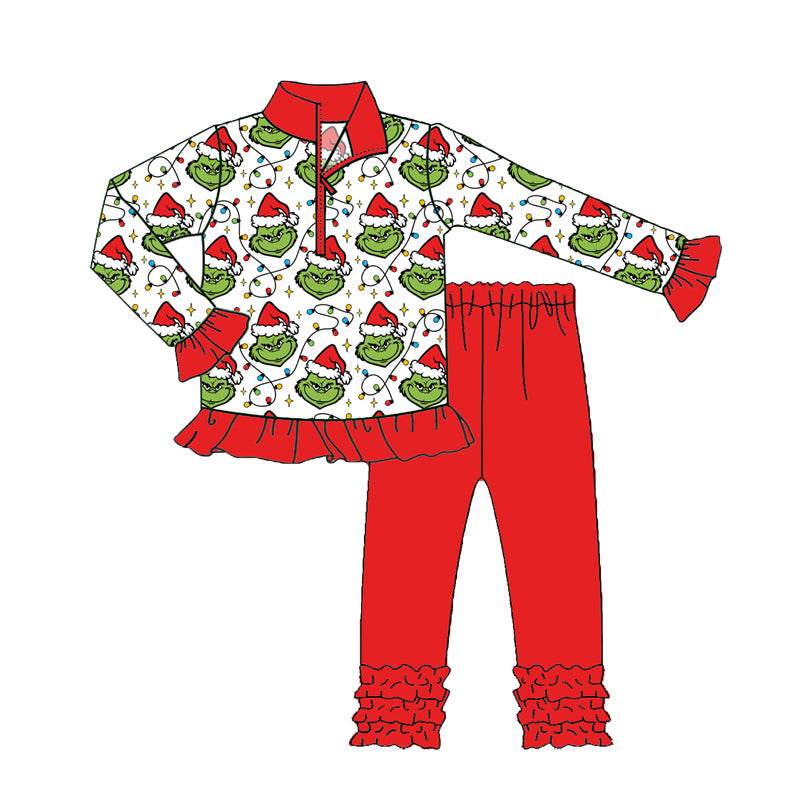 GLP2714 Baby Girls Christmas Lights Green Faces Plaid Zipper Pullover Legging Pants Set D 1022