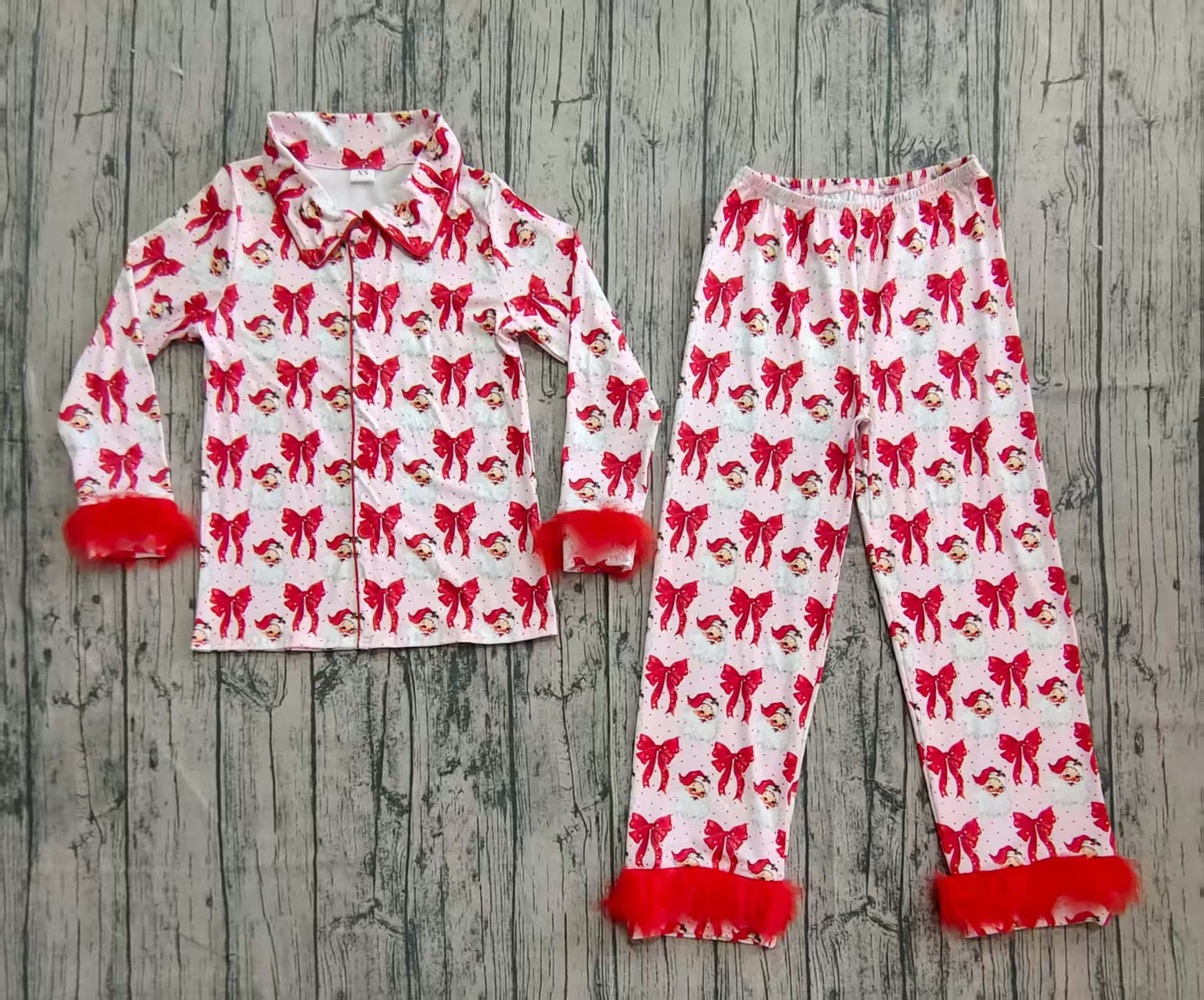 GLP2715 Adult Women Red Bows Santa Plaid Button Top Pants Christmas Fur Pajamas Set D 830