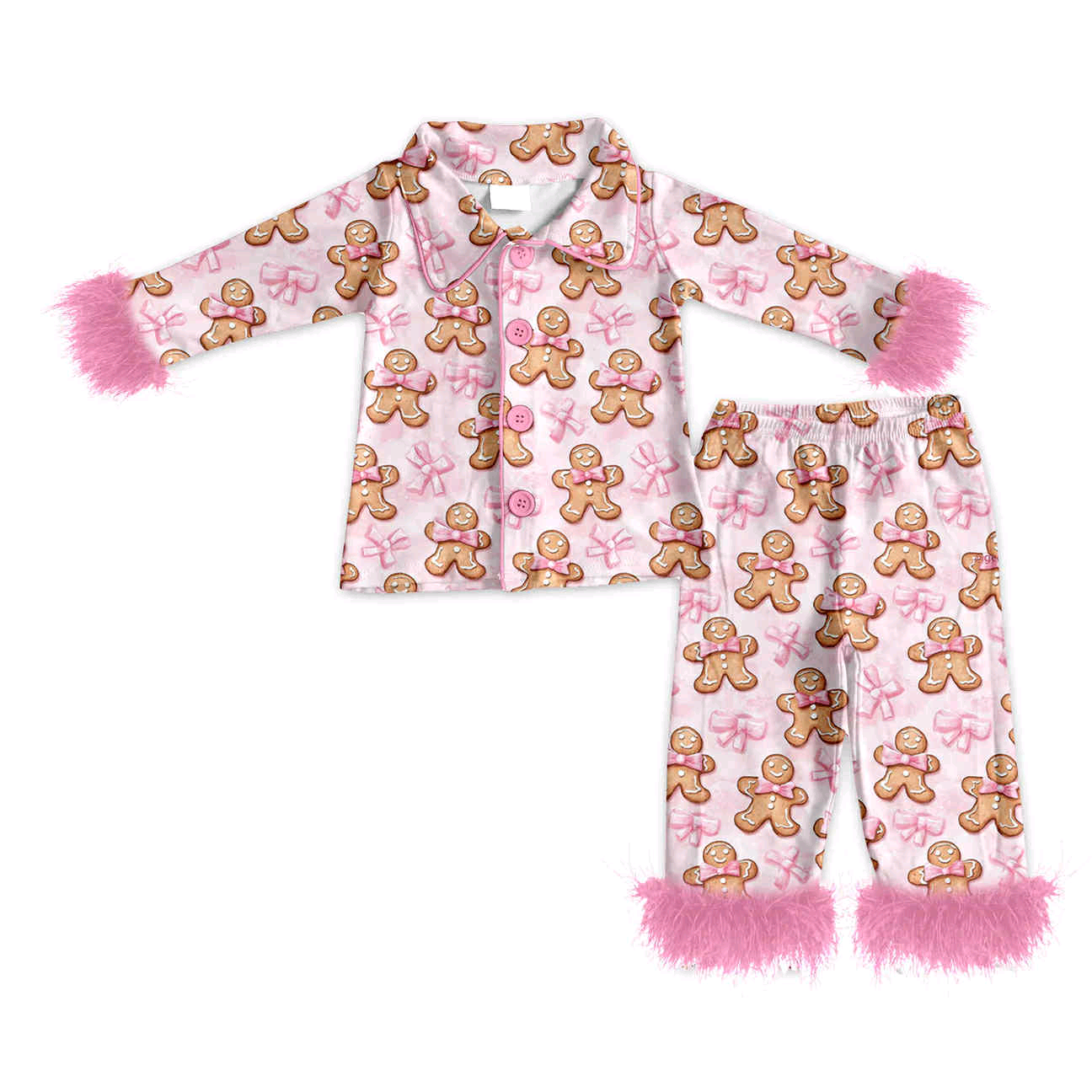 GLP2716 Adult Women's Gingerbread Man Pink Bow Pattern Plush Trim Long Sleeve Pants Pajama Set D 101