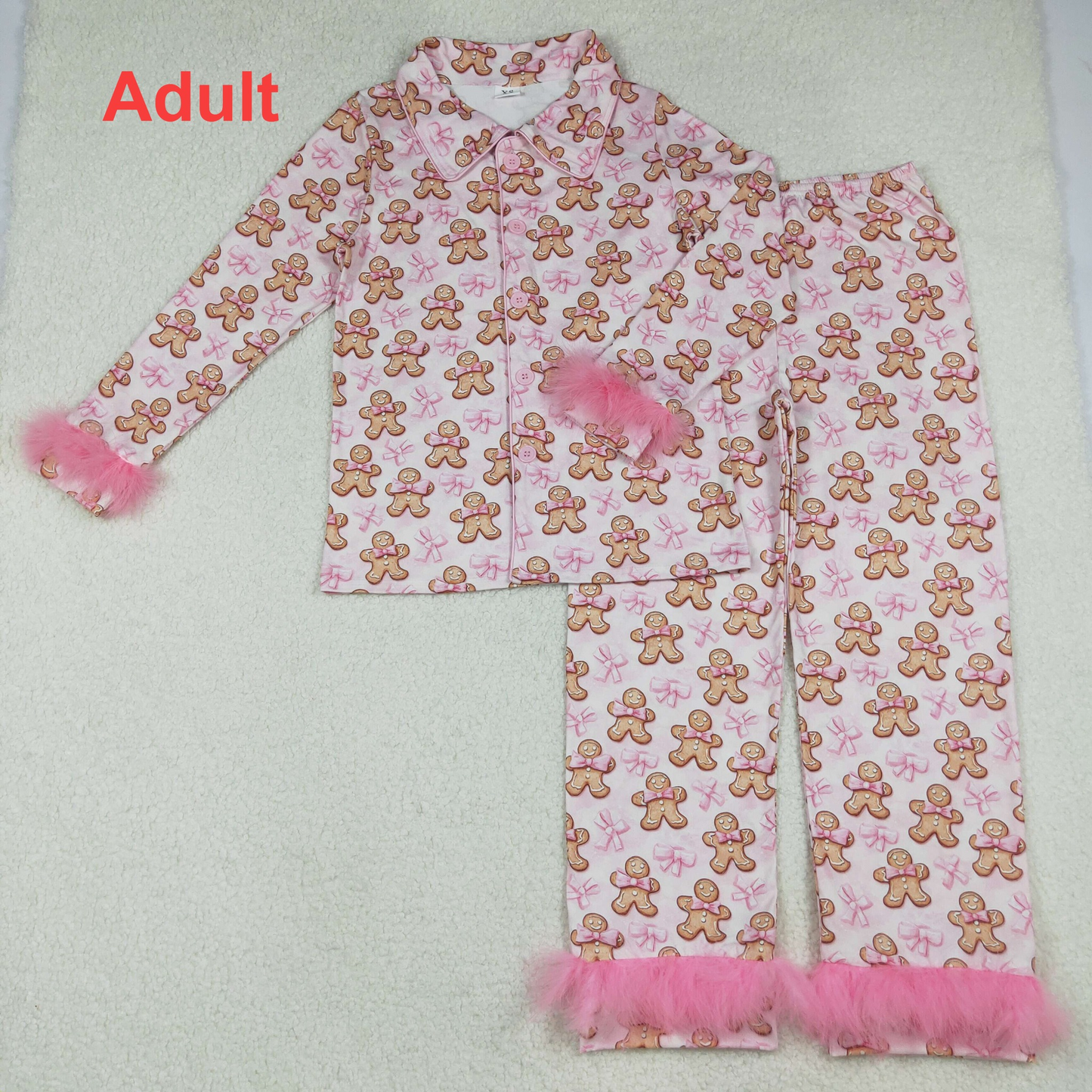 Mama and Me Pink Bows Gingerbread Button Top Pants Christmas Fur Pajamas Sets D 1018
