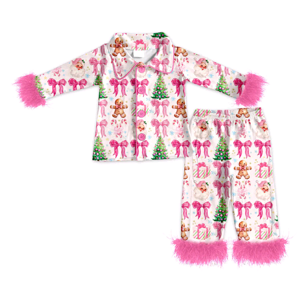 GLP2717 Adult women's gingerbread man Christmas tree bow pattern pink plush trim long sleeve pajamas D 926