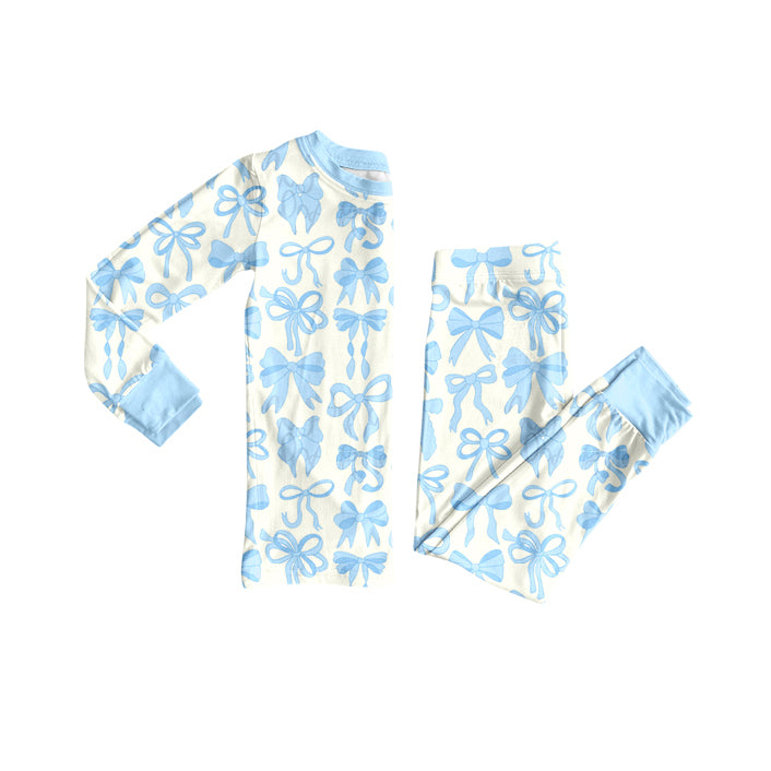 presale GLP2724 Baby Girls Light Blue Bows Plaid Top Pant Pajamas Set D 820