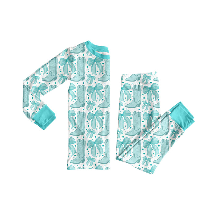 presale GLP2732 Baby Girls Aqua Bows Boots Plaid Top Pant Pajamas Set D 821