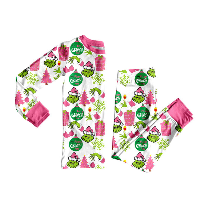 GLP2733 Baby Girls Green Face Gifts Top Pant Christmas Pajamas Set D 905