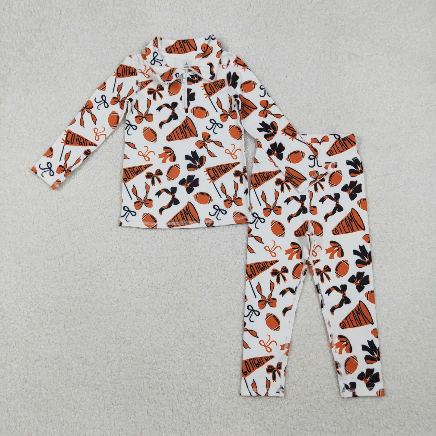 GLP2760 Baby Girls Orange Bows Footballs Go Teams Pockets Zip Pullovers Leggings Team Yoga Set