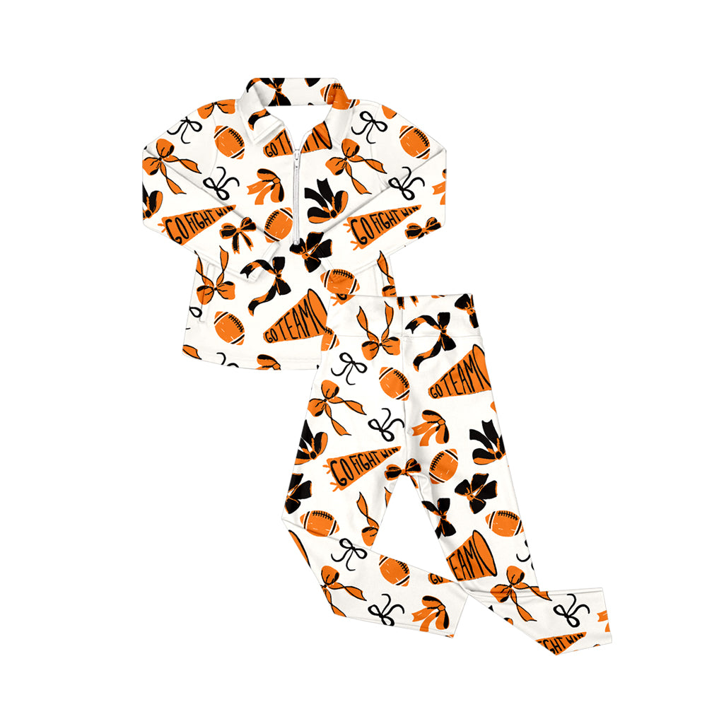 GLP2760 Baby Girls Orange Bows Footballs Go Teams Pockets Zip Pullovers Leggings Team Yoga Set D 1025