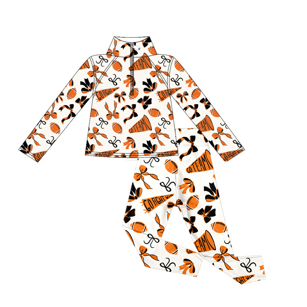 presale GLP2760 Baby Girls Orange Bows Footballs Go Teams Pockets Zip Pullovers Leggings Team Yoga Set D 913