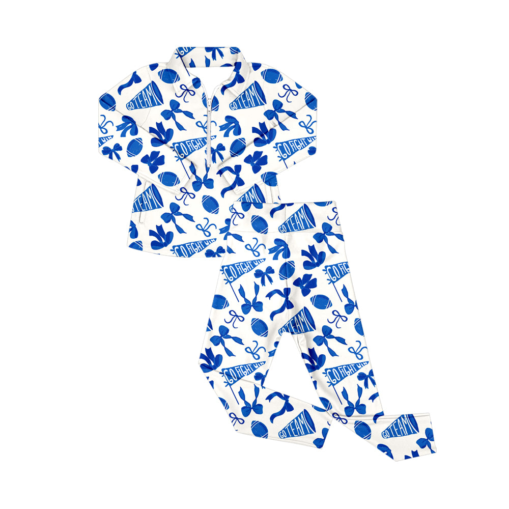 GLP2761 Baby Girls Blue Bows Footballs Go Teams Pockets Zip Pullovers Leggings Team Yoga Set D 1027