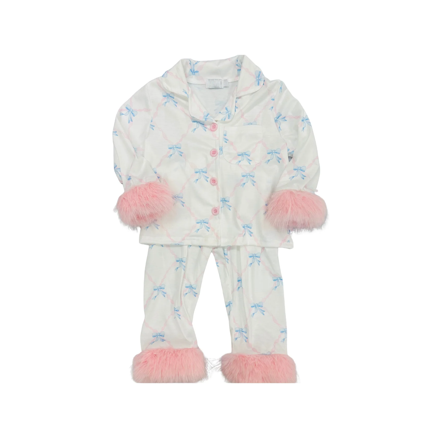 presale GLP2765 Baby Girls Light Blue Bows Plaid Button Pocket Top Pant Fur Pajamas Set D 903