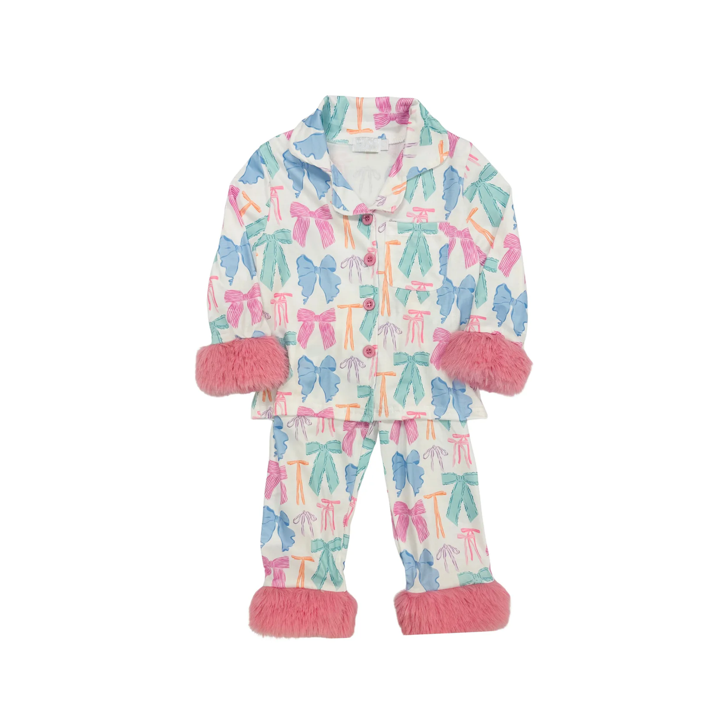 presale GLP2767 Baby Girls Colorful Bows Plaid Button Pocket Top Pant Fur Pajamas Set D 903
