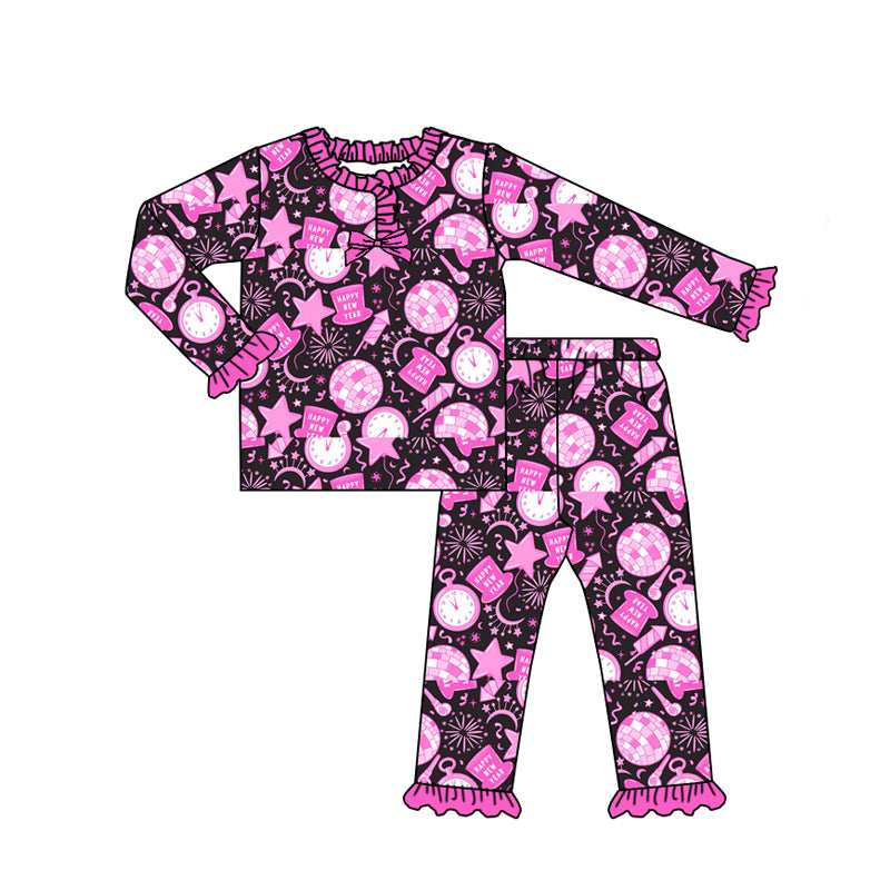 GLP2771 Baby Girls Hot Pink Button Happy New Year Top Pant Pajamas Set D 1022