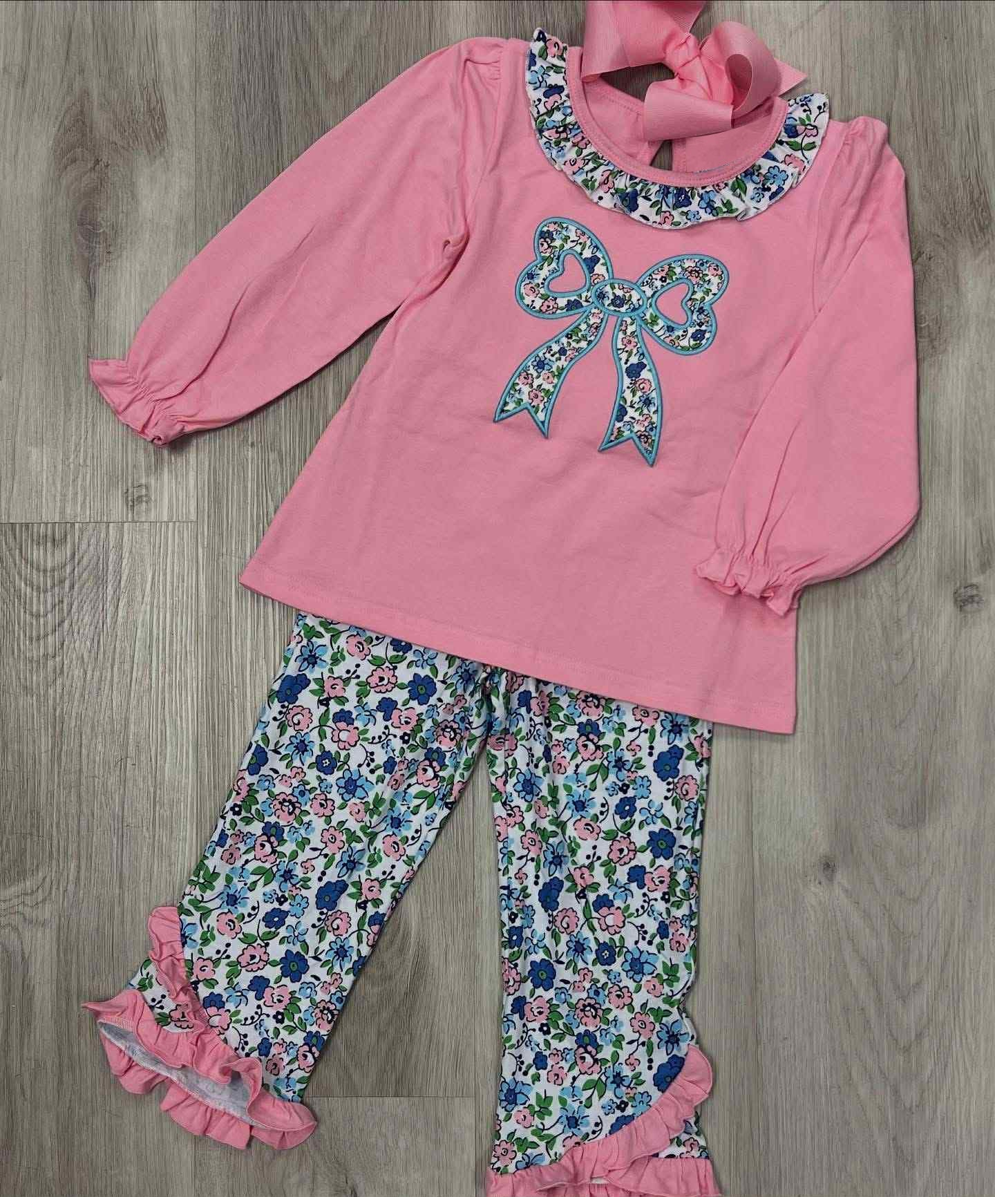 presale GLP2777 Baby Girls Floral Bow Tunic Ruffle Pant Fall Clothes Set D 905