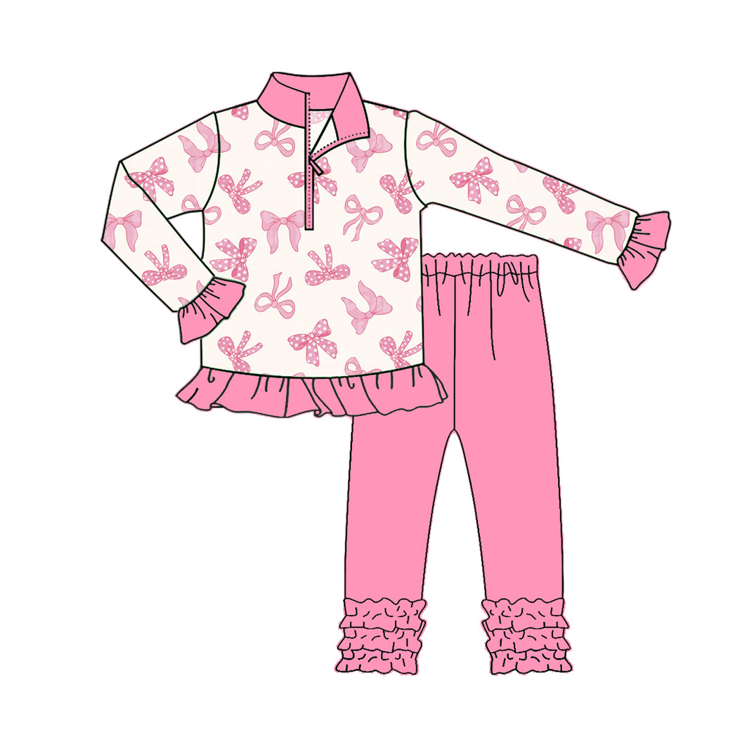 GLP2778 Baby Girls Pink Bows Zipper Pullover Ruffle Legging Pant Fall Clothes Set D 905