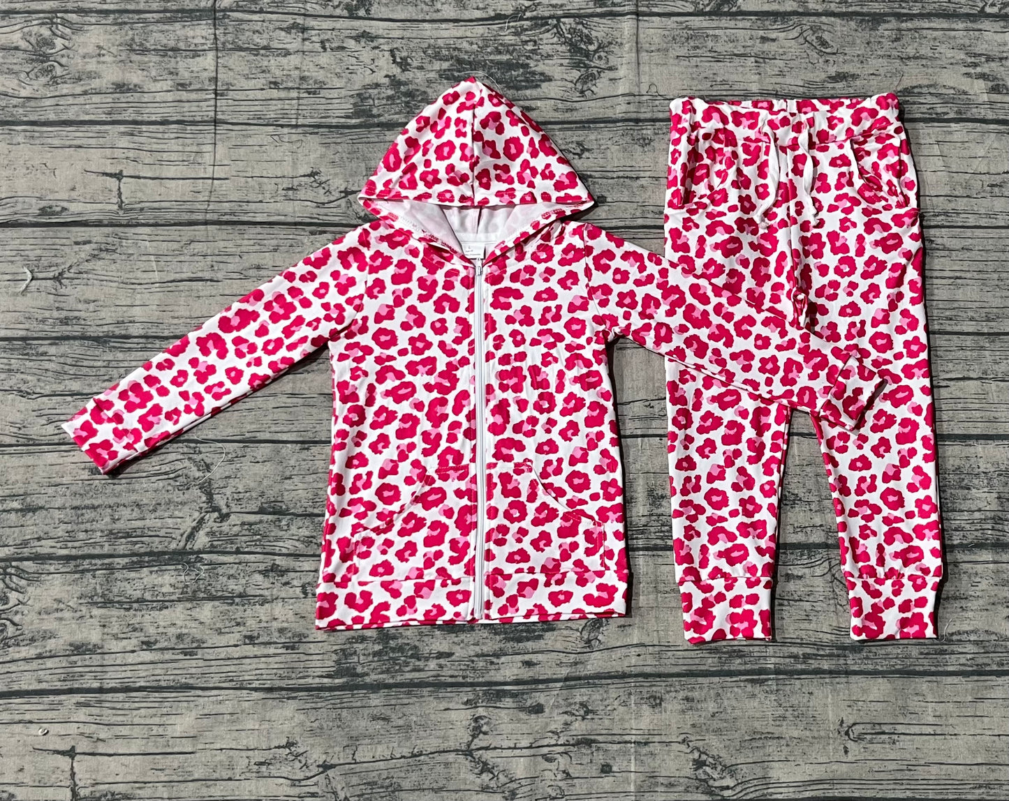 GLP2790 Baby Girls Pink Leopard Zipper Pockets Hoodie Jogger Pant Clothes Sets D 1024
