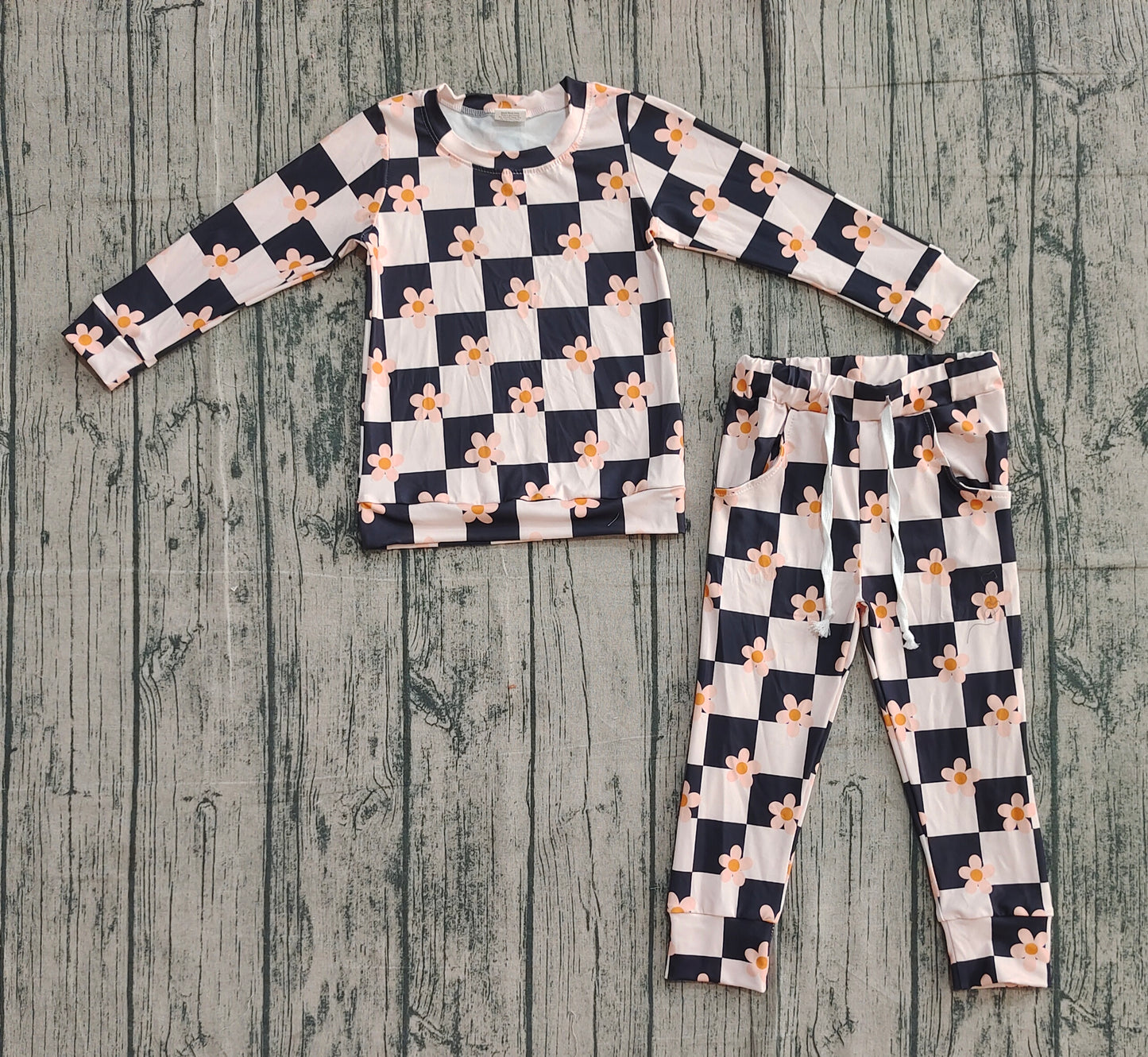 GLP2803 Baby Girls Pink Black Checked Flowers Top Pockets Jogger Pant Clothes Sets D 1006