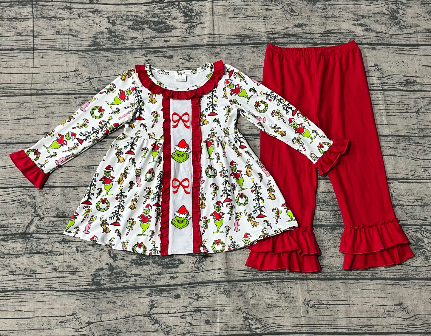 GLP2812 Embroidery Grin Bows Baby Girls Tunic Ruffle Pant Christmas Clothes Sets D 918