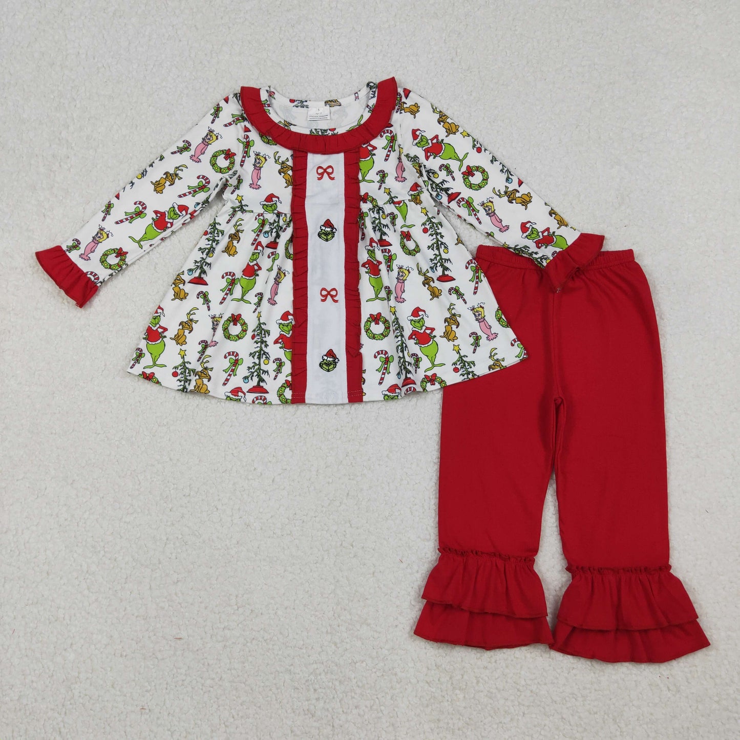 GLP2812 Embroidery Grin Bows Baby Girls Tunic Ruffle Pant Christmas Clothes Sets
