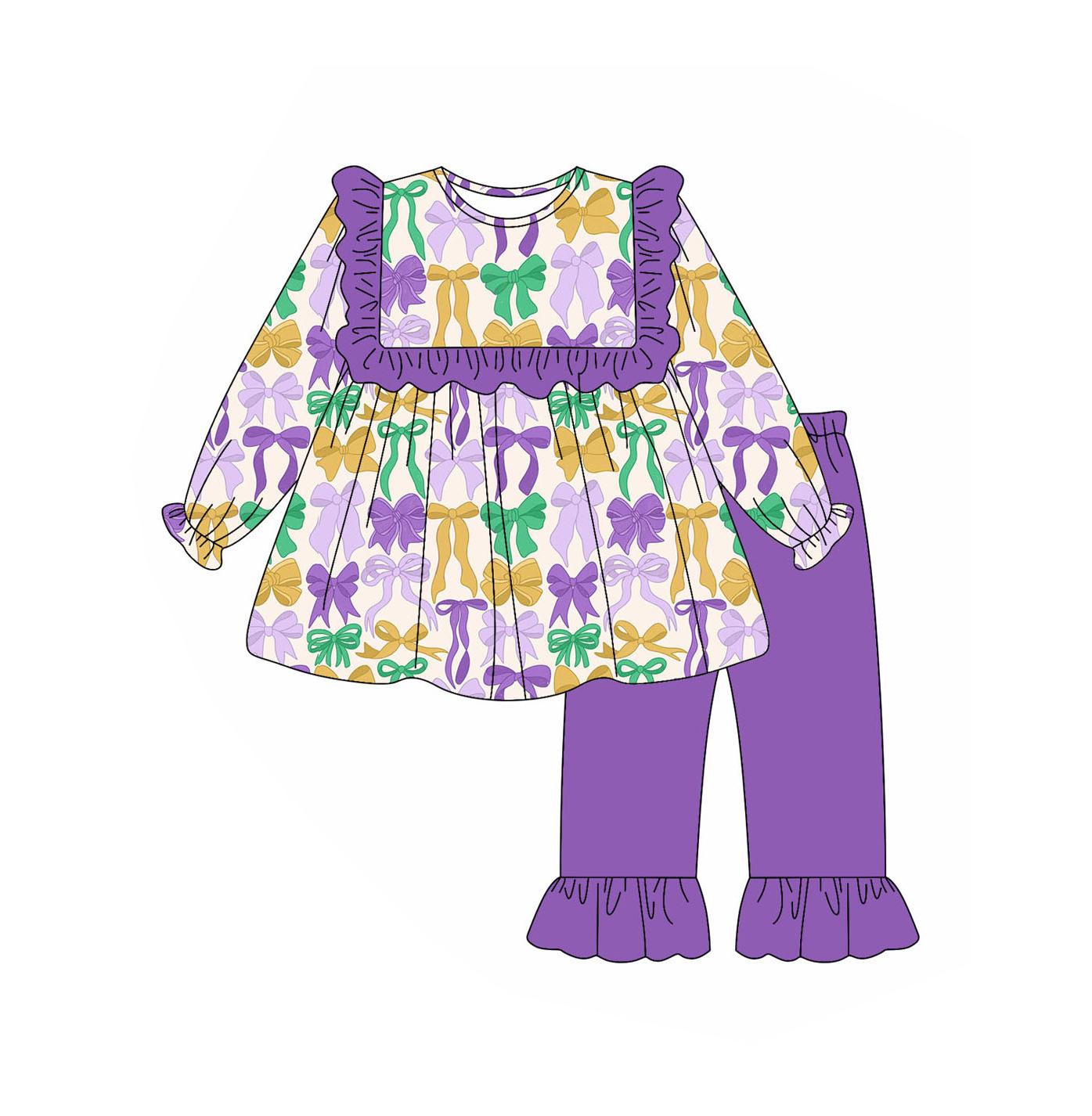 GLP2822 Baby Girls Mardi Gras Bows Tunic Ruffle Pants Clothes Sets D 909