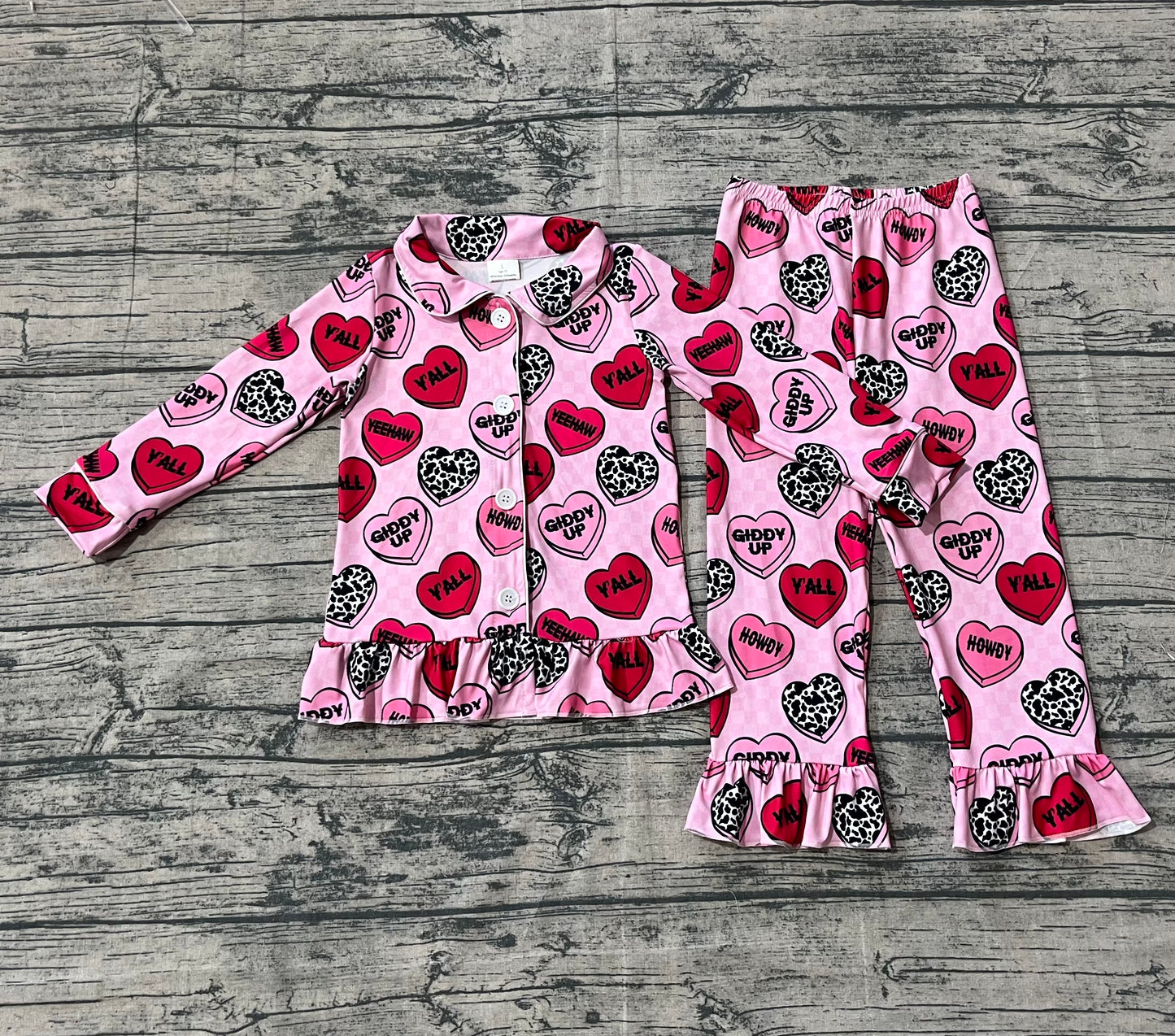 presale GLP2843 Baby Girls Pink Checked Hearts Button Top Pants Valentine Pajamas Sets D 911