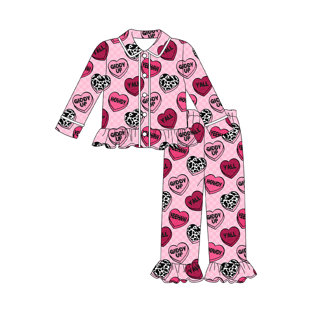 GLP2843 Baby Girls Pink Checked Hearts Button Top Pants Valentine Pajamas Sets D 911