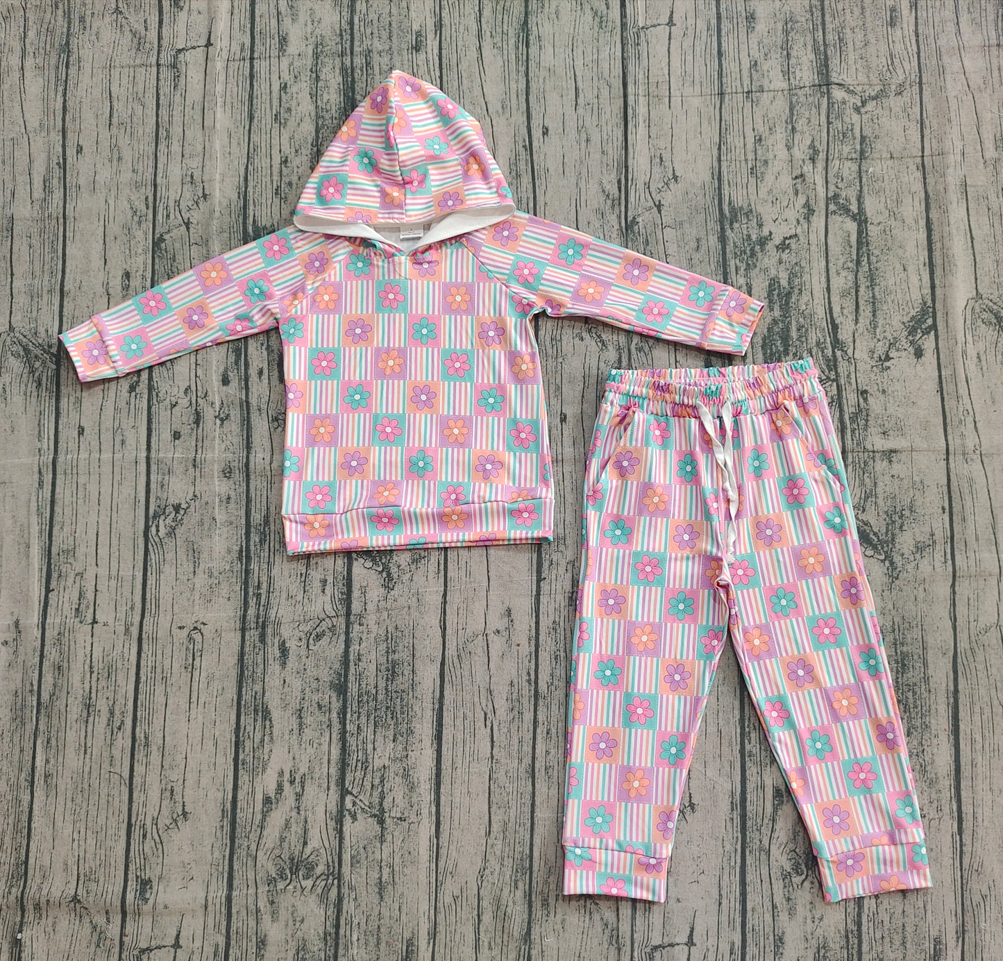 GLP2853 Baby Girls Flowers Checked Hoodies Pockets Pants Clothes Sets D 913