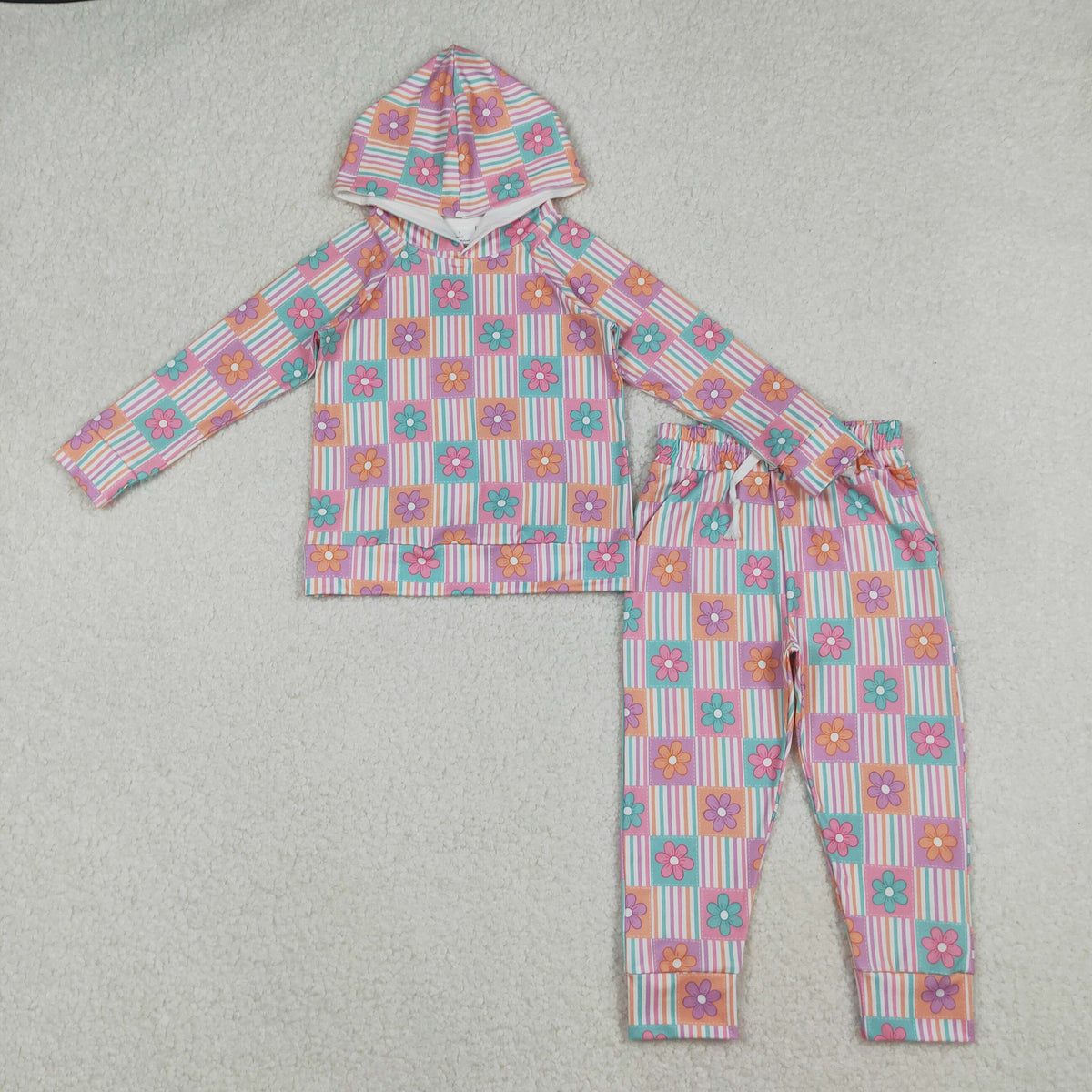 GLP2853 Baby Girls Flowers Checked Hoodies Pockets Pants Clothes Sets
