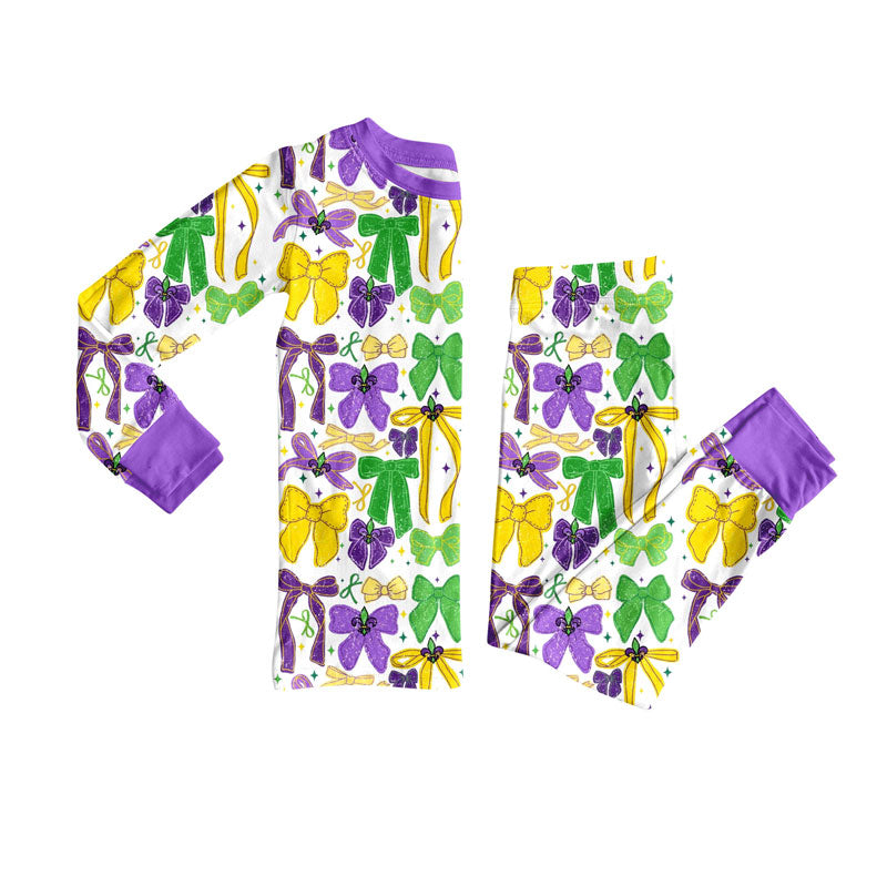 presale GLP2857 Baby Girls Green Yellow Purple Bows Top Pants Mardi Gras Pajamas Sets D 912