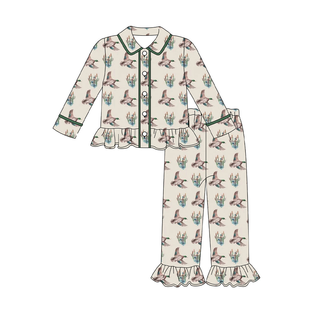 presale GLP2859 Baby Girls Log Sleeve Ducks Button Top Ruffle Pants Hunting Pajamas Sets D 912