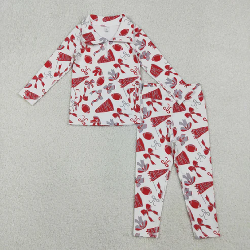 Sibling Baby Girls Bows Footballs Go Team Zipper Pullover Leggings Yoga Active Clothes Sets