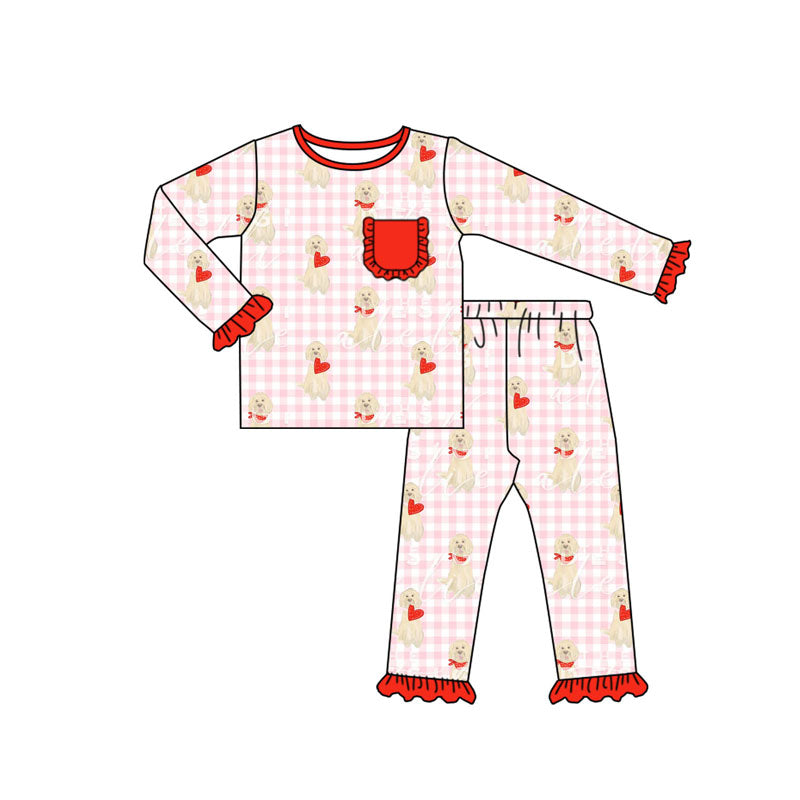 GLP2880 Baby Girls Pink Checked Dogs Hearts Pockets Ruffle Pants Valentine Pajamas Sets D 1023